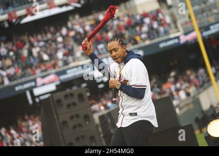 Atlanta, USA. 05th Nov, 2021. Pitcher AJ Minter addresses fans at a  ceremony after a parade to celebrate the World Series Championship for the  Atlanta Braves at Truist Park in Atlanta, Georgia