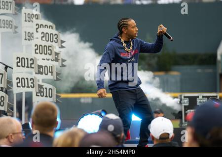 Atlanta, USA. 05th Nov, 2021. Pitcher AJ Minter addresses fans at a  ceremony after a parade to celebrate the World Series Championship for the  Atlanta Braves at Truist Park in Atlanta, Georgia