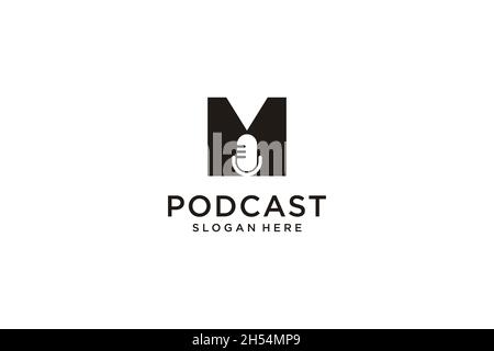 initial letter M with microphone podcast logo design template vector Stock Vector