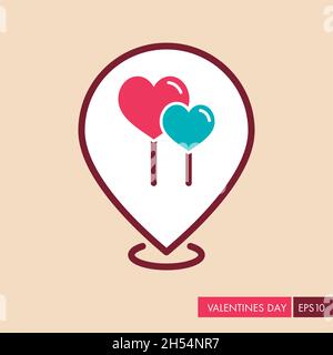 Romantic desserts. Sweet Valentines Day greeting. Map pointer. Two red heart lollipops pin map icon Stock Vector