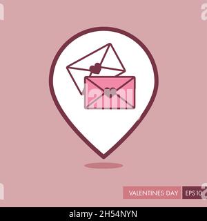 Two envelope pin map icon. Love Letter. Valentines day symbol. Map pointer. Vector illustration, romance elements. Sticker, patch, badge, card for mar Stock Vector