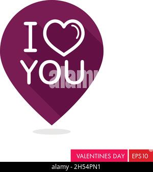 Lettering I love you pin map icon. Valentines day symbol. Map pointer. Vector illustration, romance elements. Sticker, patch, badge, card for marriage Stock Vector