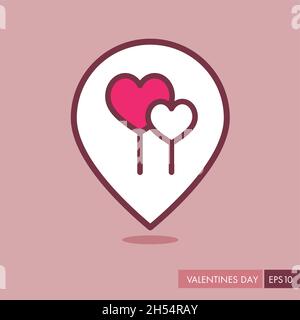 Romantic desserts. Sweet Valentines Day greeting. Map pointer. Two red heart lollipops pin map icon Stock Vector