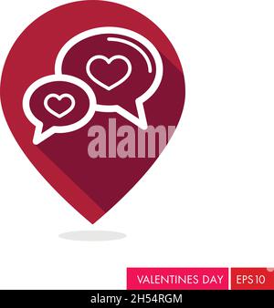 Speech bubbles with heart pin map icon. Valentines day symbol. Map pointer. Vector illustration, romance elements. Sticker, patch, badge, card for mar Stock Vector