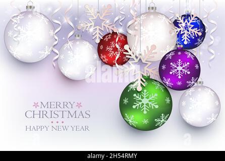 Merry Christmas greeting card, ball and snowflakes vector Stock Vector