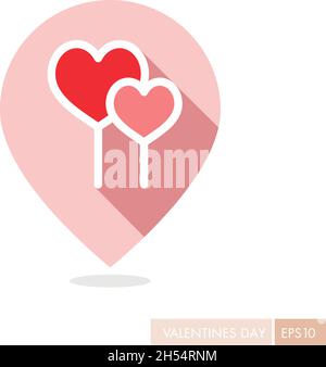 Romantic desserts. Sweet Valentines Day greeting. Map pointer. Two red heart lollipops pin map icon Stock Vector