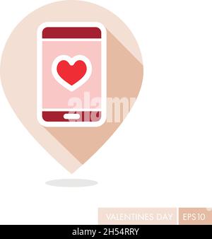 Technology heart smartphone mobile phone romantic telephone call. Valentines day pin map icon, doodle. Map pointer. Decoration for greeting cards, pos Stock Vector