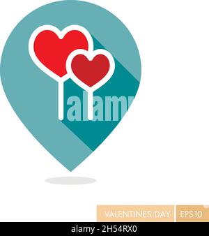 Romantic desserts. Sweet Valentines Day greeting. Map pointer. Two red heart lollipops pin map icon Stock Vector