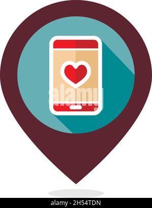 Technology heart smartphone mobile phone romantic telephone call. Valentines day pin map icon, doodle. Map pointer. Decoration for greeting cards, pos Stock Vector
