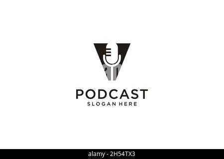 initial letter V with microphone podcast logo design template vector Stock Vector