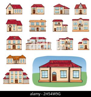 Set of vector different houses, cartoon scribble style. Stock Vector