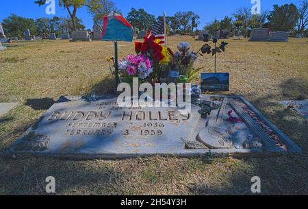 The gravesite of Lubbock, Texas musician and native Buddy Holly.  A young rock and roll musician who originated rockabilly and rock and roll. Stock Photo