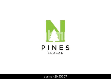 initial letter N with Hemlock, Evergreen, Pines, Spruce, Cedar trees logo design Stock Vector