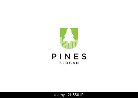 initial letter U with Hemlock, Evergreen, Pines, Spruce, Cedar trees logo design Stock Vector