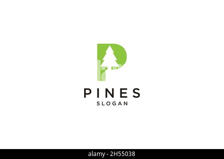 initial letter P with Hemlock, Evergreen, Pines, Spruce, Cedar trees logo design Stock Vector