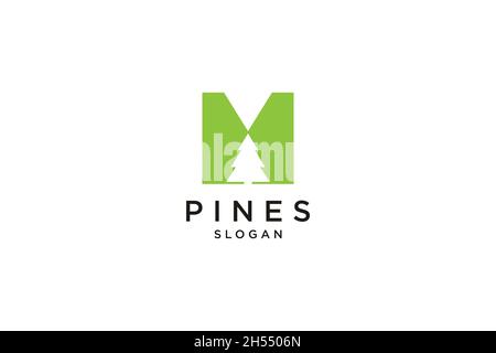initial letter M with Hemlock, Evergreen, Pines, Spruce, Cedar trees logo design Stock Vector