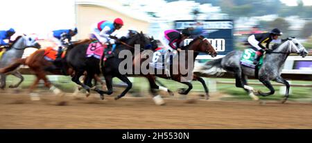 Del Mar, United States. 06th Nov, 2021. Horses pass the clubhouse after the start of the Breeders Cup Classic during the Breeders' Cup Championships in Del Mar racetrack in Del Mar California. November 6, 2021. Photo by Mark Abraham/UPI Credit: UPI/Alamy Live News Stock Photo