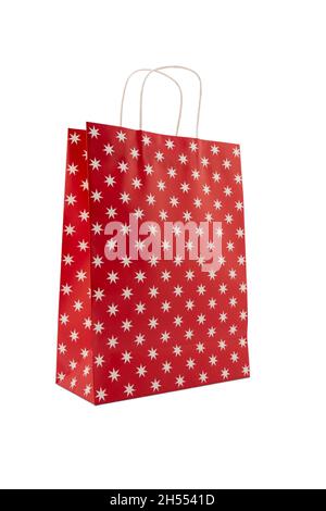 Red paper bag with handle isolated on white background, package or shopping bag. Stock Photo