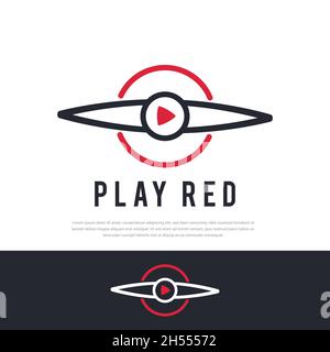 Airplane propeller line logo red play symbol illustration Stock Vector