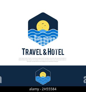 Sea wave hexagon line art logo vector illustration design Stock Vector