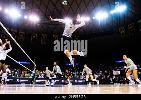 Waco, Texas, USA. 6th Nov, 2021. AVERY SKINNER (4) hits during a BIG 12 conference match between No.10 Baylor and No.1 Texas at the Ferrell Center in Waco Texas, on November 06, 2021. Baylor went on to win the match 3:1. Handing Texas their first loss of the season. (Credit Image: © Matthew Smith/ZUMA Press Wire) Stock Photo