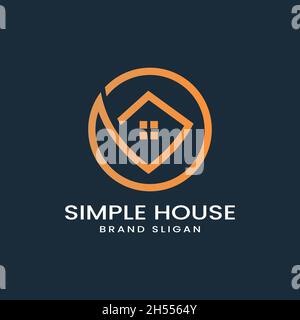 Simple house logo with circle line art style design Premium Vector Stock Vector