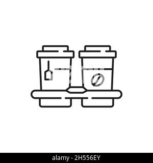 Hot drinks delivery disposable coffee and tea cups in takeaway package isolated thin line icon. Vector takeout drink, beverages fast online order. Ice Stock Vector
