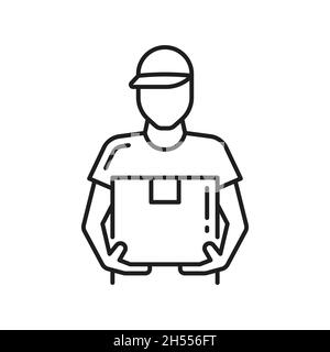 Deliveryman with parcel isolated courier holding cardboard box thin line icon. Vector outline postman with package. Delivery, postal service, express Stock Vector