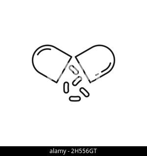 Probiotics ad split capsule isolated bifidobacterium probiotic with microorganisms spilling out, good gut bacteria outline icon. Vector immune digesti Stock Vector