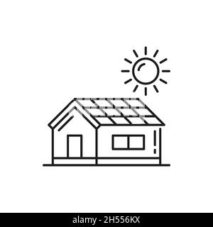 House with renewable alternative energy solar batteries isolated thin line icon. Vector green home with sun energy source, eco friendly building. Mode Stock Vector