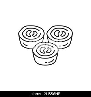 Pasteh cakes or mooncake isolated traditional Portugal food monochrome thin line icon. Vector portuguese cuisine national food, pastry bakery. Cheesec Stock Vector