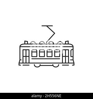 Tram isolated Lisbon city trolley public transport thin line icon. Vector retro Portugal Turkey train, passengers, people transportation service. Urba Stock Vector