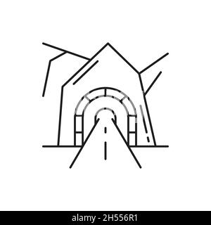 Tunnel with brick wall in Alps Swiss or Switzerland mountains isolated thin line icon. Vector road tunnel,entrance to underground, automobile arched t Stock Vector