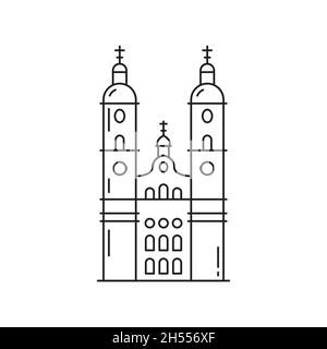 St. Gallen Cathedral landmark of Switzerland isolated thin line icon. Vector Grossmunster Church in Zurich old town, religion building. Swiss national Stock Vector
