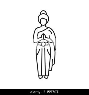 Thai women in Thailand traditional wear say hello Sawasdee isolated thin line icon. Vector linear character, asian south east national costume on pret Stock Vector