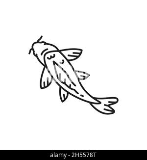 Chinese carp traditional oriental fish isolated thin line icon. Vector horoscope astrology symbol, asian fish line art design. Oriental koi carp, Fish Stock Vector