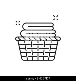 Laundry basket with towels isolated thin line icon. Vector stack of folded and rolled cloth for washing and cleaning, wicker basket with clean cotton Stock Vector