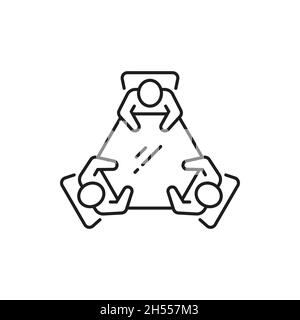 Discussion and brainstorm, people sitting at round table on chairs isolated thin line icon. Vector business chat conference, meeting and team communic Stock Vector