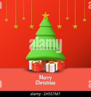 merry christmas with 3D christmas tree, 3D gift boxes, and 3D stars. 3D vector design christmas Stock Vector