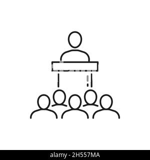 Politician speaking on tribune in front of people isolated thin line icon. Vector business meeting or conference, boss speaking on stage, brainstormin Stock Vector