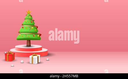 merry christmas background with 3D christmas tree on the podium and gift boxes 3D. christmas background with copy space Stock Vector
