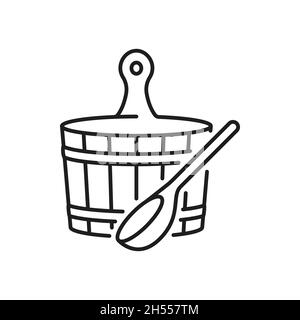 Sauna wooden bucket and ladle isolated outline icon. Vector bathing accessories, spa and beauty, relaxation and healthcare treatment. Traditional russ Stock Vector