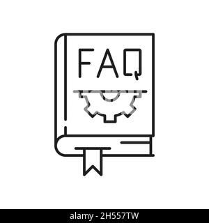 Closed help book with frequently asked questions and gear cogs settings mechanisms isolated thin line icon. Vector frequently asked questions interrog Stock Vector