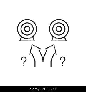 Target boards and arrows pointing in different directions, question marks isolated outline icon. Vector thinking idea and strive towards to business t Stock Vector