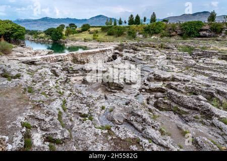 In late summer the waters of the Cijevna river are low and cannot pass over the divide to drop to form the Niagara Falls,but the area still has impres Stock Photo