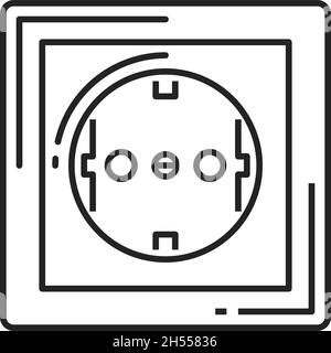Rosette electric socket isolated power outlet thin line icon. Vector European wall socket-outlet, square rosette with round halls connecting electric Stock Vector