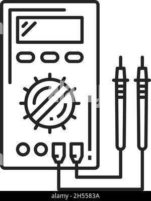 Digital voltmeter multimeter isolated thin line icon. Vector instrument measuring electrical potential difference between two points. Voltmeter physic Stock Vector