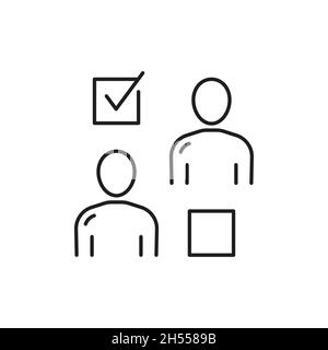 Selecting hiring right employee, worker candidate isolated check in square thin line icon. Vector showing employable and suitable for job person, tick Stock Vector