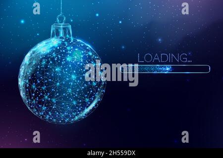 Wireframe Christmas ball and loading bar, low poly style. Merry Christmas and New Year banner. Stock Vector