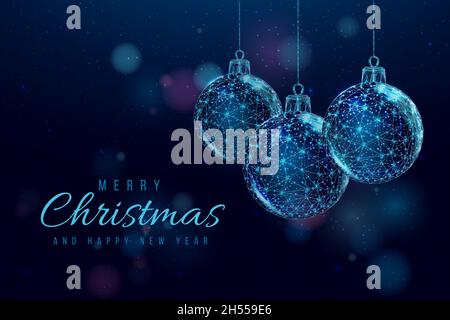 Wireframe Christmas balls, low poly style. Merry Christmas and New Year banner. Abstract modern 3d vector illustration on blue background. Stock Vector